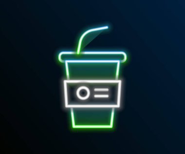 Siyah zemin üzerinde saman ve su ikonu olan parlak neon şeritli kağıt bardak. Soda bardağı. Taze soğuk içecek sembolü. Renkli taslak konsepti. Vektör.