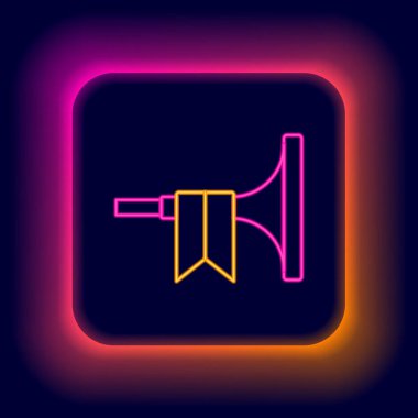 Parlayan neon hattı. Siyah zemin üzerinde izole edilmiş trompet ikonu. Renkli taslak konsepti. Vektör.