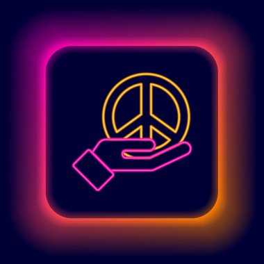 Parlayan neon hattı barış simgesi siyah arkaplanda izole edildi. Hippi barış sembolü. Renkli taslak konsepti. Vektör.