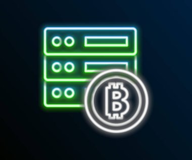 Parlayan neon hattı sunucu bitcoin simgesi siyah arkaplanda izole edildi. Renkli taslak konsepti. Vektör.