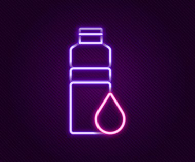 Parlayan neon hattı fitness karıştırıcı simgesi siyah arkaplanda izole edildi. Su ve protein kokteylleri için kapaklı spor karıştırıcı şişesi. Renkli taslak konsepti. Vektör.