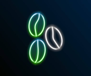 Parlayan neon hattı kahve çekirdeği ikonu siyah arka planda izole edildi. Renkli taslak konsepti. Vektör.