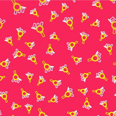 Çizgi büyüteç ve veri analiz simgesi kırmızı arkaplanda izole edilmiş kusursuz desen. Vektör.