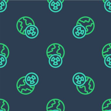 Çizgi Gezegen ve radyasyon sembolü ikonu mavi arka planda izole edilmiş pürüzsüz desen. Çevresel konsept. Vektör.