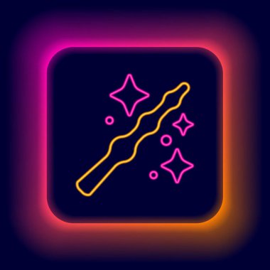 Parlayan neon hattı sihirli değnek simgesi siyah arkaplanda izole edildi. Yıldız şeklinde sihirli aksesuar. Sihirli güç. Mutlu Cadılar Bayramı Partisi. Renkli taslak konsepti. Vektör.