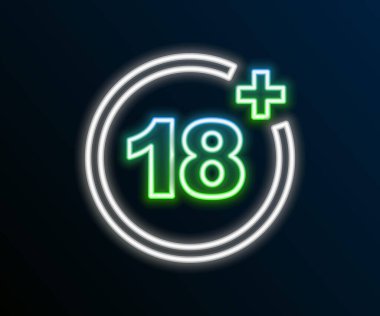 Parlayan neon hattı artı 18 film ikonu siyah arkaplanda izole edildi. Yetişkin içeriği. 18 yaşın altında. Renkli taslak konsepti. Vektör.