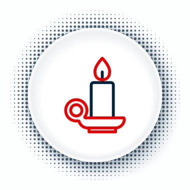 Beyaz arkaplanda izole edilmiş şamdan simgesinde çizgi yakma mumu. Silindirik mum çubuğu ve yanan ateş. Renkli taslak konsepti. Vektör.