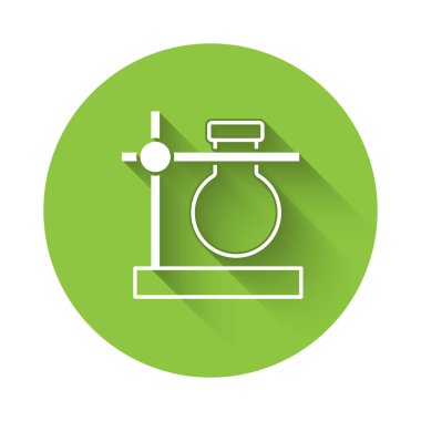 Kürsüde uzun gölgeli beyaz cam test tüpü ikonu var. Laboratuvar ekipmanları. Yeşil daire düğmesi. Vektör.