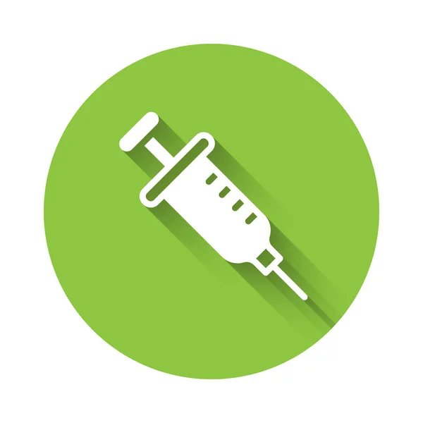 白色注射器图标与很长的阴影隔离 疫苗注射器 注射器 流感疫苗 医疗设备 绿色圆环按钮 — 图库矢量图片