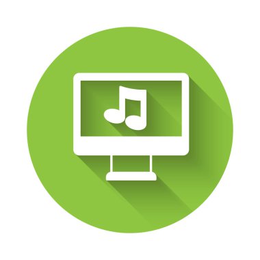 Ekran simgesinde uzun gölge arkaplan izole edilmiş nota sembollü beyaz bilgisayar. Yeşil daire düğmesi. Vektör.