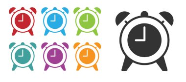 Siyah Alarm saat simgesi beyaz arkaplanda izole edildi. Uyan, kalk konsepti. Zaman işareti. Simgeleri renklendirin. Vektör.
