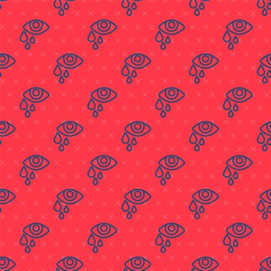 Blue line Tear cry eye icon isolated seamless pattern on red background. Vector.