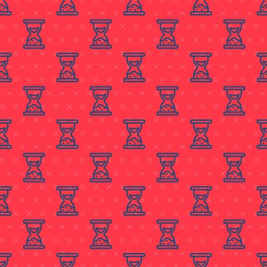 Mavi çizgi. Kırmızı zemin üzerinde kum ikonu akan kum saati izole edilmiş. Kum saati işareti. İş ve zaman yönetimi kavramı. Vektör.