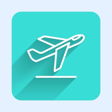 Beyaz çizgi düzlem kalkış ikonu uzun gölge arkaplan izole. Uçak taşıma sembolü. Yeşil kare düğmesi. Vektör.