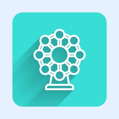 Beyaz çizgi dönme dolap ikonu uzun gölge arkaplanı ile izole edildi. Eğlence parkı. Çocuklar için eğlence parkı, eğlence parkı. Yeşil kare düğmesi. Vektör.