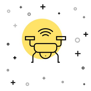 Siyah çizgi Akıllı İHA sistem simgesi beyaz arkaplanda izole edildi. Video ve fotoğraf makinesi sembollü dörtlü helikopter. Rastgele dinamik şekiller. Vektör.