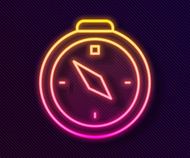 Parlayan neon hattı pusula simgesi siyah arkaplanda izole edildi. Rüzgâr yön bulma sembolü. Rüzgar gül işareti. Vektör.