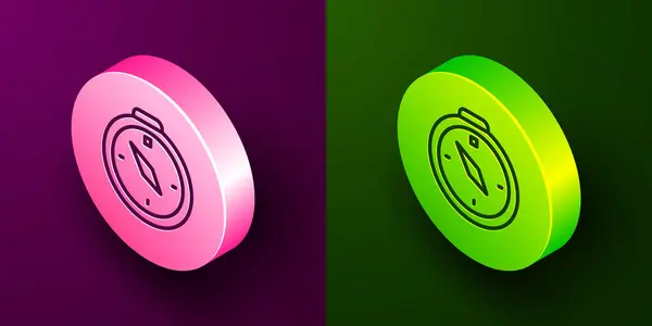 等距线指南针图标隔离在紫色和绿色背景 Windrose导航符号 风玫瑰色标志 圆形按钮 — 图库矢量图片