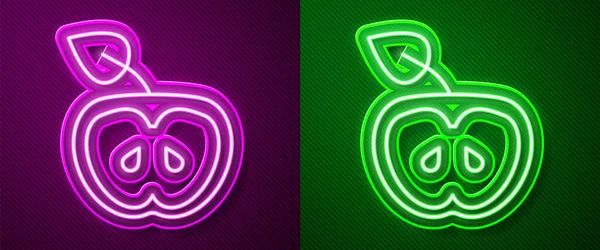 Glowing Neon Line Apple Icon Isolated Purple Green Background Excess — Stock Vector