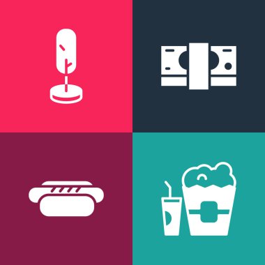 Patlamış mısırı kutuya, bardağa, Hotdog 'a, kağıt para yığınına ve ağaç ikonuna koy. Vektör.