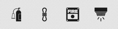 Yangın söndürücüyü, tırmanma ipini, alarm sistemini ve duman ikonunu hazırlayın. Vektör.