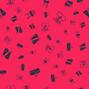 Köpekbalığı yüzgecini okyanus dalgasına, ızgara ızgarasına, yüzmek için lastik paletlere ve pürüzsüz desenli tropikal palmiye ağacına ayarlayın. Vektör.