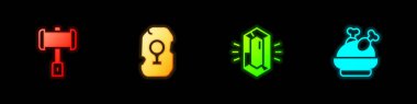 Set Battle hammer Magic rune Gem stone and Roasted turkey or chicken icon. Vector.