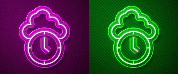 Gloeiende Neon Lijn Klok Pictogram Geïsoleerd Paarse Groene Achtergrond Tijdsymbool — Stockvector