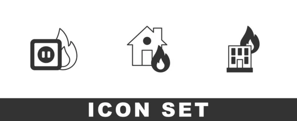 Set Electric Wiring Socket Fire Fire Burning House Building Icon — Stock vektor