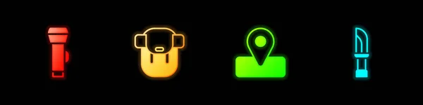 Set Flashlight Hiking Backpack Location Camping Knife Icon Vector — Archivo Imágenes Vectoriales