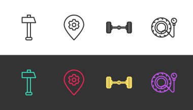 Hat Hammer, araba servisli konum, Chassis ve Lastik basınç göstergesi siyah beyaz. Vektör.