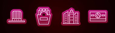 Vatansever Amerikan silindir şapkası, kutuda patates kızartması, şehir manzarası ve kağıt para yığını. Parlayan neon ikonu. Vektör.