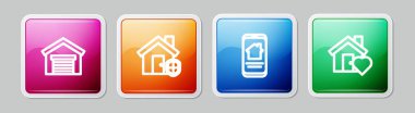 Set line Garage, House under protection, Online real estate house and with heart shape. Colorful square button. Vector.