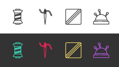 Çizgi dikiş ipliği, dikiş iğnesi, şablon ve yatak ve siyah beyaz iğneler. Vektör.