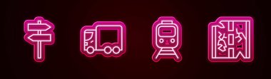 Yol trafik levhası, kargo kamyonu, tren ve tren yolu ve bozuk yol. Parlayan neon ikonu. Vektör.