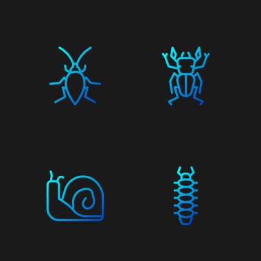 Centipede, Salyangoz, Hamamböceği ve Böcek Geyiği hattını ayarlayın. Renk simgeleri. Vektör.
