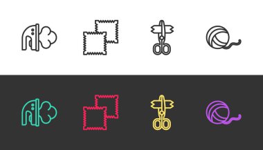 Elektrik demiri, tekstil kumaş rulosu, makas ve iplik topu siyah ve beyaza ayarlayın. Vektör.