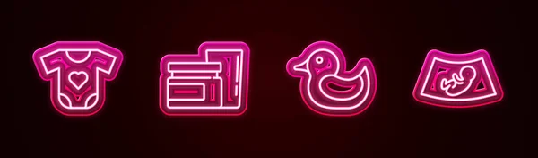 设定系列婴儿服装 橡胶鸭和婴儿超声波 发光的霓虹灯图标 — 图库矢量图片