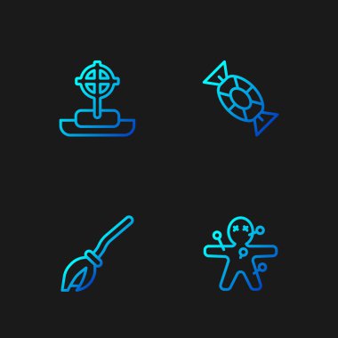 Sıra Voodoo bebeği, cadı süpürgesi, haçlı Tombstone ve Candy. Renk simgeleri. Vektör.