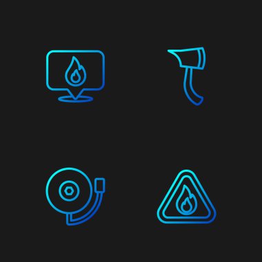 Yangını üçgen halinde başlat. Yangın ve itfaiyeci baltası ile alarm zillerini çal. Renk simgeleri. Vektör.