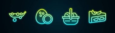 Bezelye, Hindistan cevizi sepeti, yiyecek ve ev yapımı meyveli turta. Parlayan neon ikonu. Vektör.