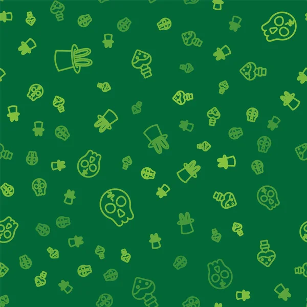 Sihirbaz şapkası, tavşan kulağı, kafatası ve şişeyi kusursuz desenli iksirle dizin. Vektör.