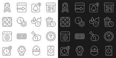 Alarm uygulaması mobil, saat 24 saat, zaman kaybı, zaman yönetimi, bölge saatleri, antika ve borsa büyüme grafikleri simgesi ayarla. Vektör