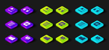 Set Document folder, Chalkboard with diagram, Trash can, Address book, Headphones and Table lamp icon. Vector