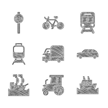 Teslimat kamyonu, traktör, yolcu gemisi, Hatchback, yelkenli, tren ve demiryolu ve hız limitli trafik ikonu. Vektör