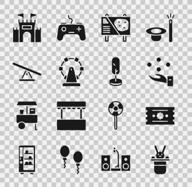 Sihirbaz şapkası ve tavşanı, bilet, hokkabazlık topu, lunapark reklam panosu, dönme dolap, tahterevalli, kale ve ağaç ikonu. Vektör