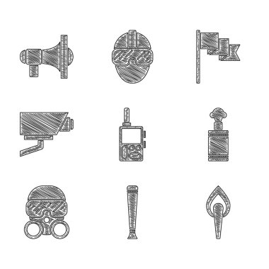 Telsiz, polis lastik copu, meşale alevi, el bombası, gaz maskesi, güvenlik kamerası, işaret ve megafon ikonu. Vektör