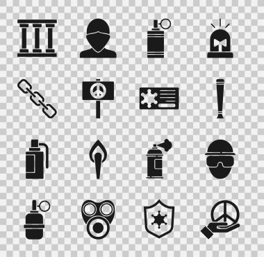 Barış, Özel Kuvvetler askeri, polis kauçuğu, el bombası, zincir halkası, hapishane penceresi ve rozet ikonu. Vektör