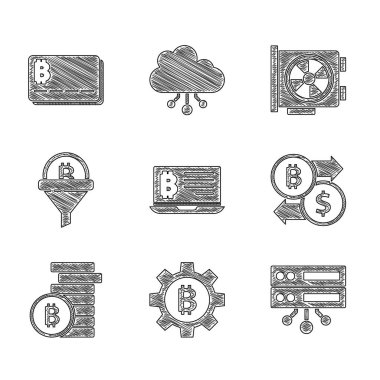 Madencilik bitcoin 'ini laptop, Cryptocurrency Bitcoin, Server, exchange, Sales hunisi, Video grafik kartı ve Credit simgesinden ayarlayın. Vektör