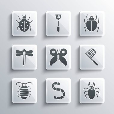 Set Solucan, Böcek geyiği, Kelebek ağı, Larva böceği, Yusufçuk, Mite ve ikon. Vektör